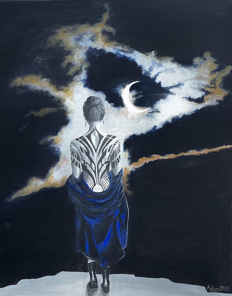 painting; Against a background of a moody moonlit sky, a woman proudly displays her Art Deco tattoo