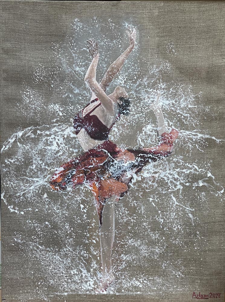 acrylic painting on linen of a ballerina twirling through a downpour of rain.