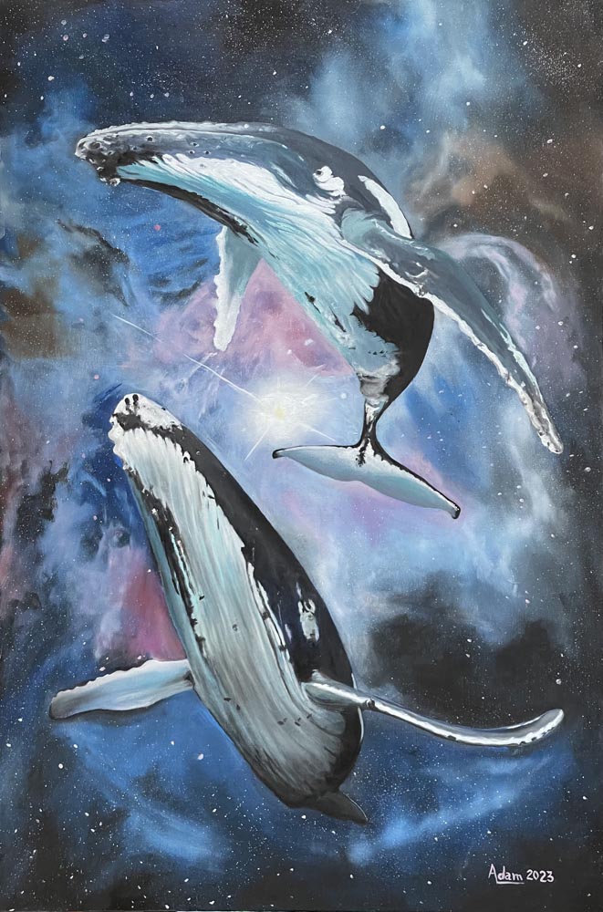 acrylic painting of two Humpback Whales frolic through space