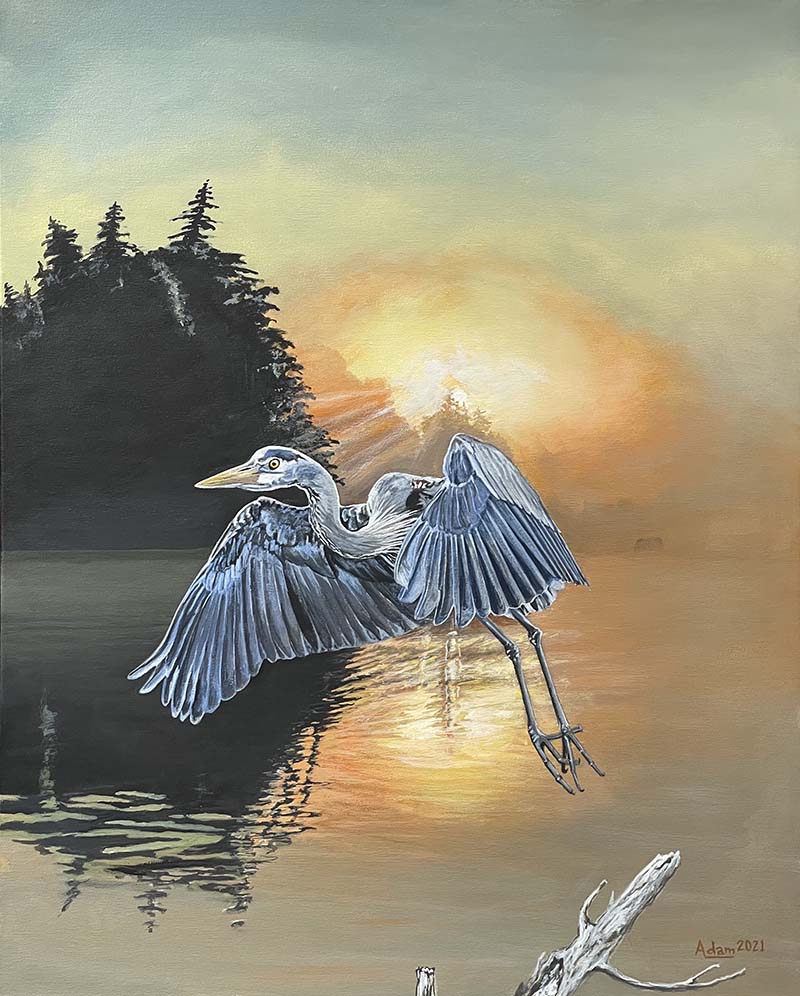 Setting Heron, acrylic painting